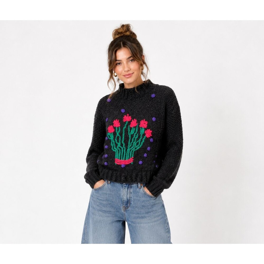 Vintage Pappagallo Sweater Size Medium Handknit Wool Acrylic Floral Embroidered